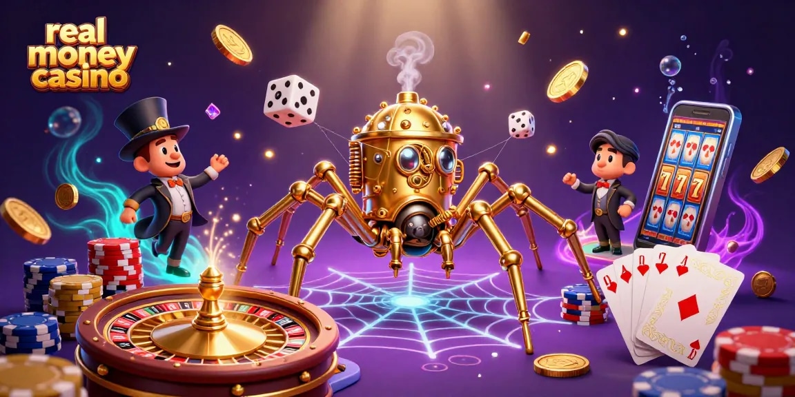 Real money casino illustration featuring a golden spider, cascading coins, and vibrant casino games.