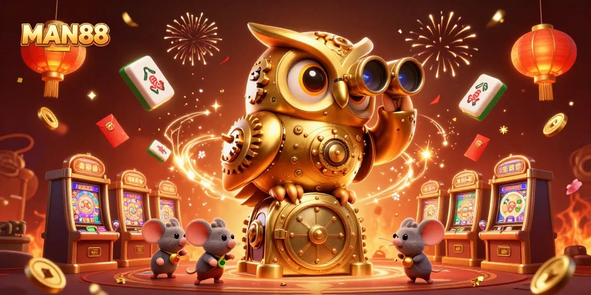 Experience winning big at MAN88 casino with a vibrant 3D illustration showcasing fun gaming elements.