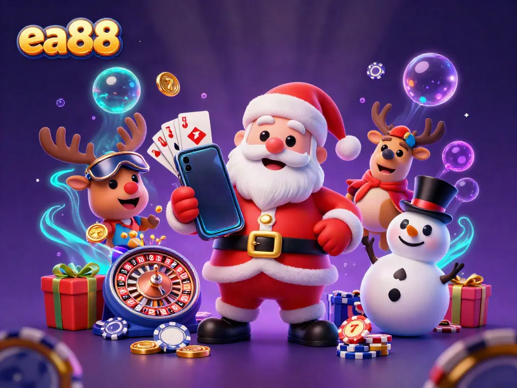 Play slots with ea88 alongside Santa, a reindeer dealer, and a poker chip snowman.