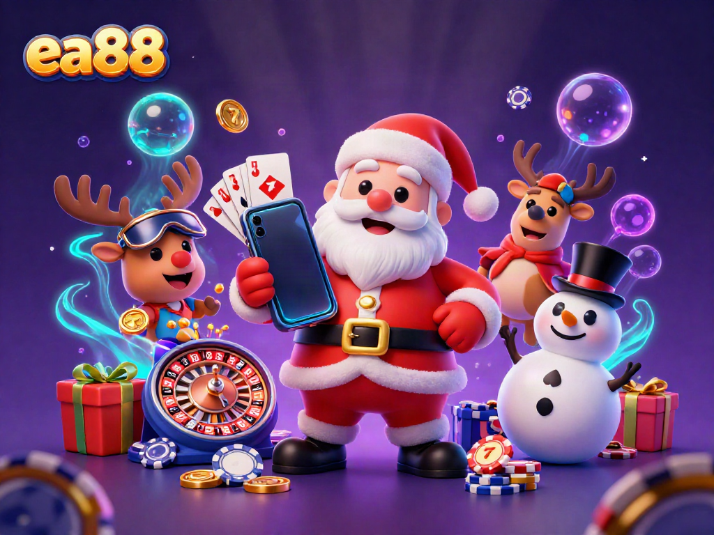 Play slots with ea88 alongside Santa, a reindeer dealer, and a poker chip snowman.
