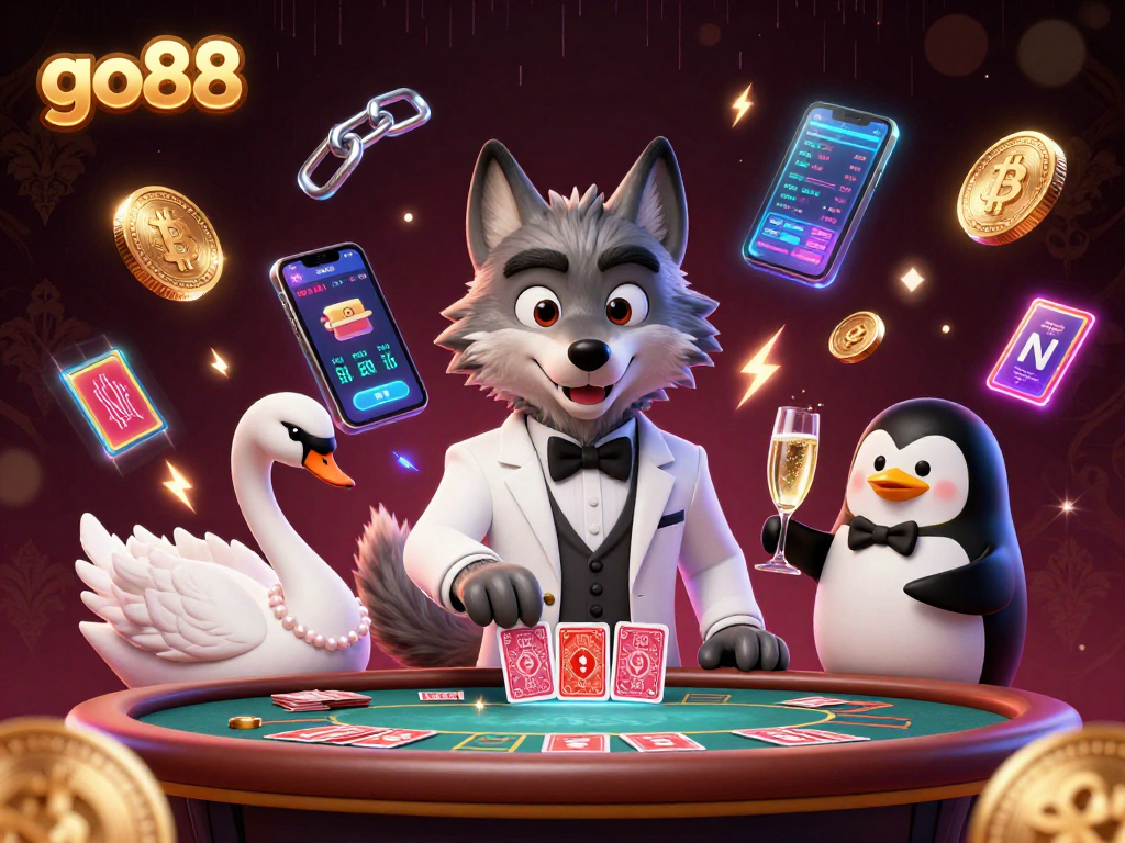 Engage with go88's immersive baccarat scene, featuring dynamic characters and vibrant crypto elements.