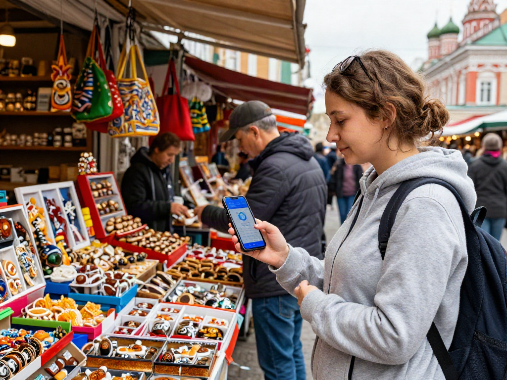 Un turista en Rusia utilizando la aplicación de https://payinrussia.com/ en un mercado, rodeado de productos locales.