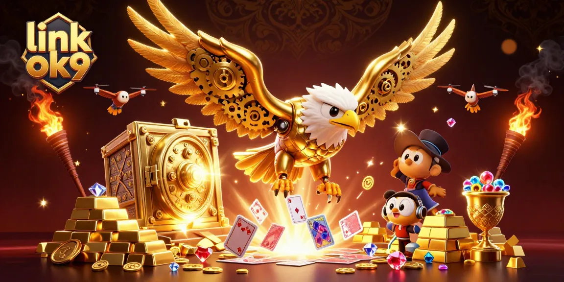 Experience the excitement of gambling at link ok9 with a cybernetic eagle diving through holographic cards.