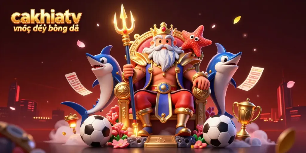 Engage with "cakhiatv trực tiếp bóng đá" featuring Neptune alongside sports elements and dynamic animation.