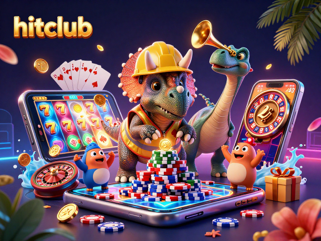 Hitclub celebrates with a triceratops building poker chips and a gaming smartphone.