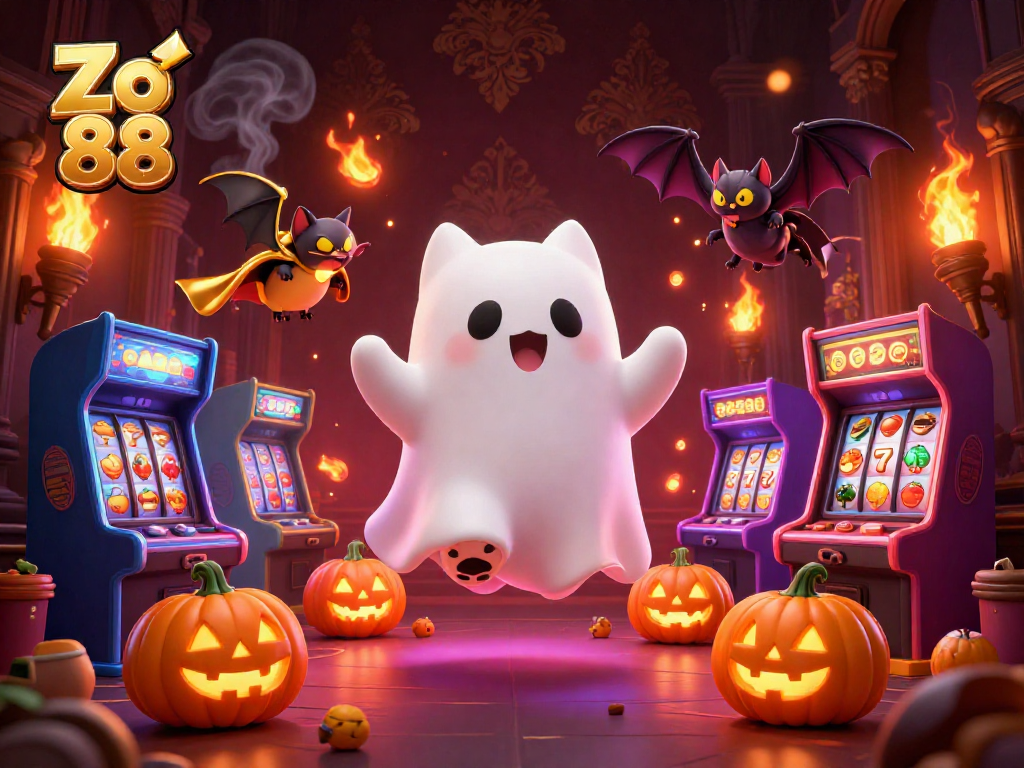 Play exciting games at Zo 88 while enjoying floating ghost cats and jackpot treasures in this vibrant casino scene.