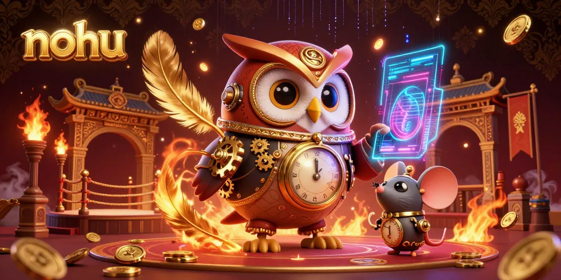 Nohu enhances your gaming experience with a vibrant 3D illustration featuring a steampunk owl and casino elements.