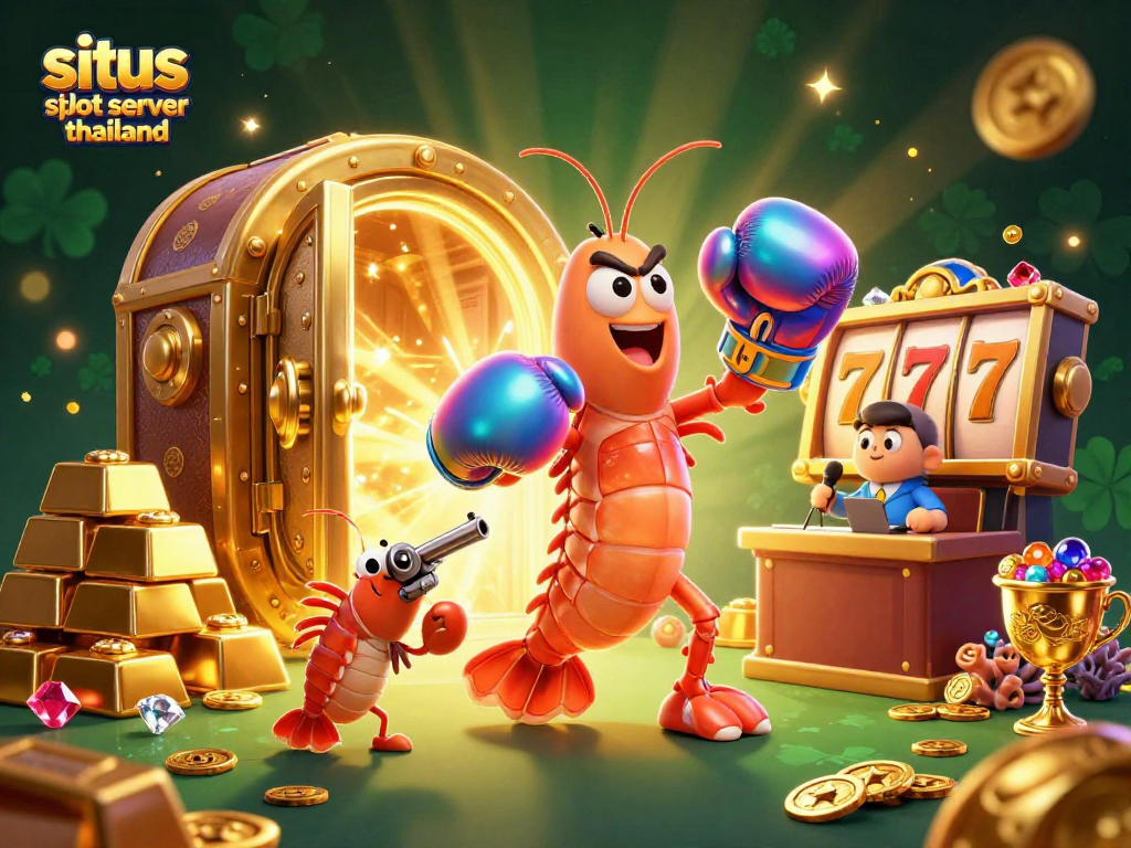 Engaging scene with situs slot server thailand elements, showcasing vibrant casino reels and 3D shrimp characters.