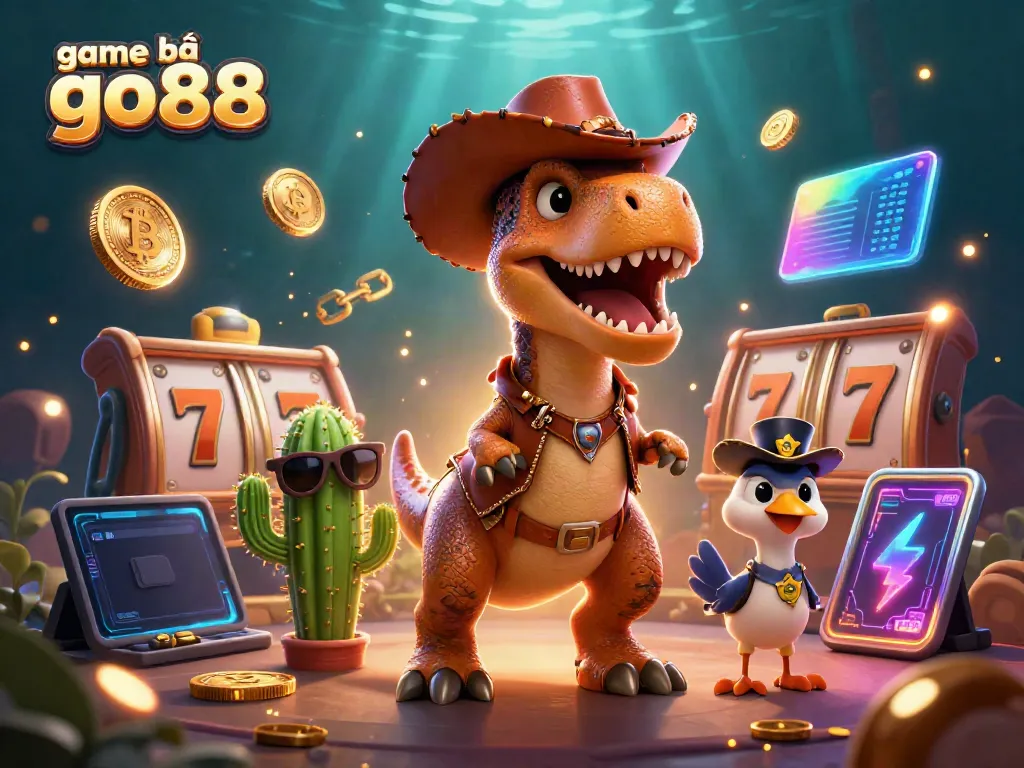 Experience thrilling game bài go88 with a T-Rex cowboy amidst vibrant casino elements.