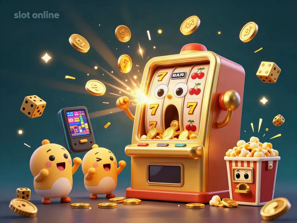 Exciting slot online scene with a golden slot machine hitting a jackpot and celebrating with coins pouring out.