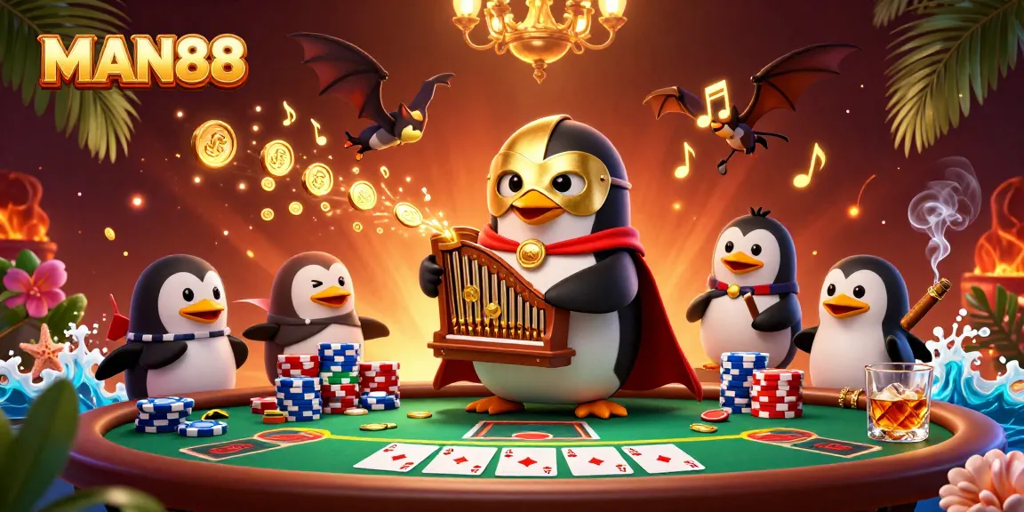 Play exciting games at MAN88 with a cartoon penguin organist and dazzling casino elements.