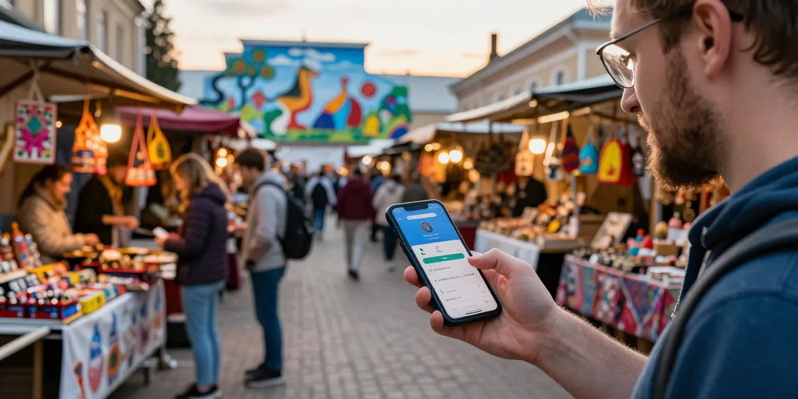 Turista usando https://payinrussia.com/ en un mercado ruso vibrante para pagar fácilmente.