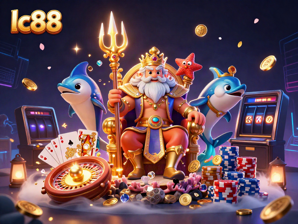 Experience excitement with lc88 as Neptune presides over a vibrant casino scene full of games and treasures.