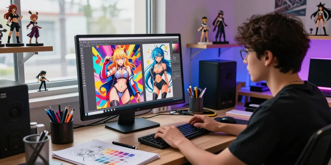 Creating ai hentai art in a vibrant digital studio with RGB lighting.