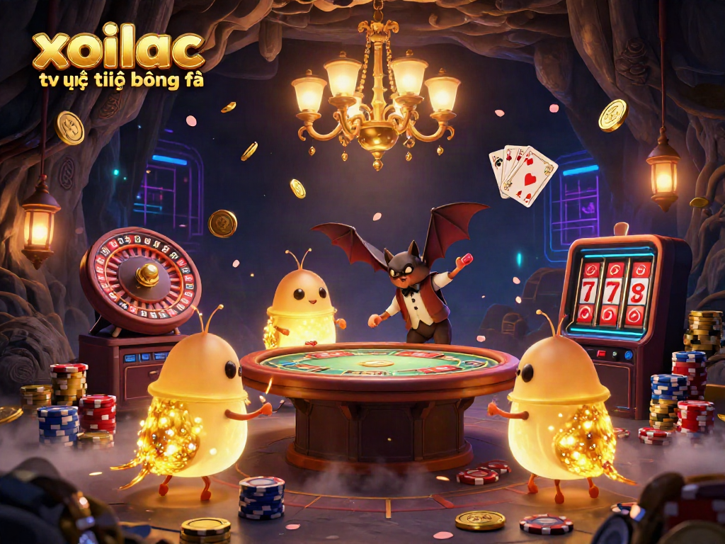 Xoilac tv trực tiếp bóng đá scene illustrating glowworms in a vibrant cave casino with flying coins and colorful poker elements.